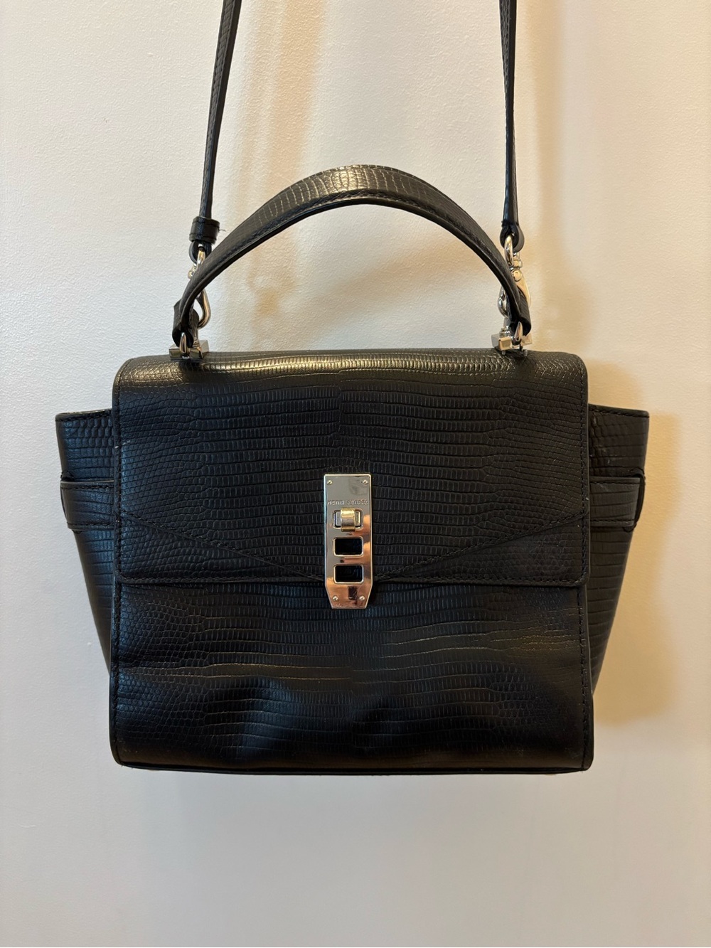 Henri Bendel Uptown Mini Black Lizard Embossed Satchel Crossbody Bag